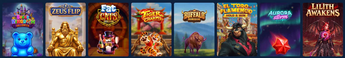 Betmac Casino slot games including Sugar Kingdom Halloween, Zeus Flip, Fat Cats, Tiger Charms, Buffalo Horizon, El Toro Flamenco, Aurora Storm and Lilith Awakens